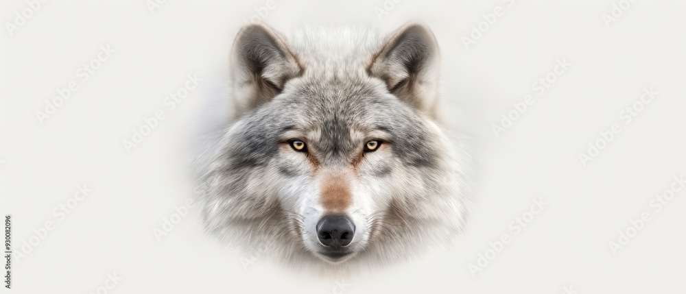 Fototapeta premium A tight shot of a wolf's face against a pristine white backdrop, superimposed with a softly blurred representation of its head