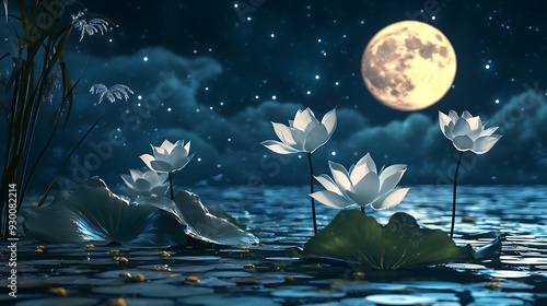 White water lilies bloom under a full moon in a serene night sky. photo