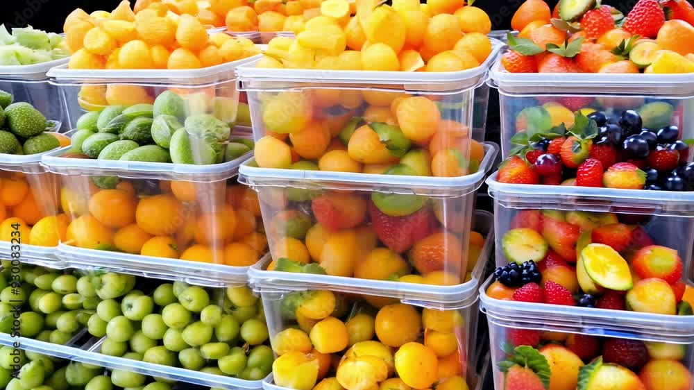 Various fruits are neatly arranged in clear containers, showcasing vibrant colors and inviting freshness at a bustling market. Various fruits are neatly arranged in clear containers, showcasing vibrant colors and inviting freshness at a bustling market.