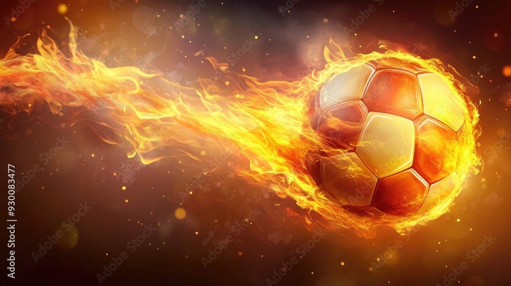 Fototapeta premium A fiery soccer ball with a blazing trail of flames, symbolizing speed and intensity in the heat of the game.