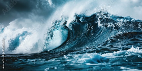 Stunning ocean wave crashing against the shore, showcasing power and beauty of nature under a dramatic sky.