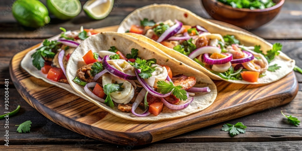 Seafood fajitas with cabbage, onion, parsley in tortillas served on wooden cutting board, shrimp, tacos, seafood Seafood fajitas with cabbage, onion, parsley in tortillas served on wooden cutting board, shrimp, tacos, seafood