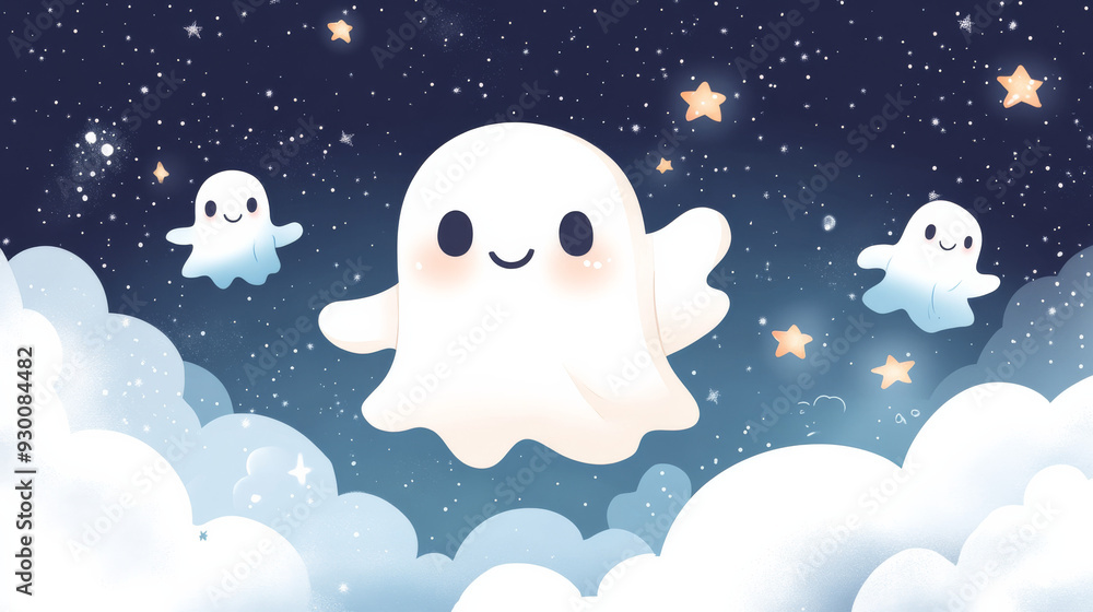A cheerful cartoon ghost floats in the night sky, surrounded by stars and clouds, evoking a magical and whimsical Halloween atmosphere. A cheerful cartoon ghost floats in the night sky, surrounded by stars and clouds, evoking a magical and whimsical Halloween atmosphere.