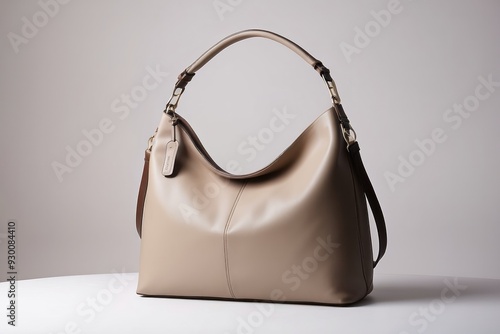 Beige Leather Hobo Bag with Brown Strap and Gold Hardware photo