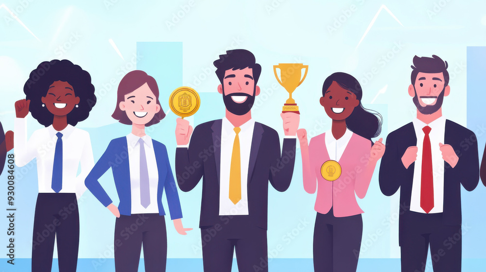 Achievement celebration with a successful businessman holding a gold medal and trophy badge, surrounded by colleagues Achievement celebration with a successful businessman holding a gold medal and trophy badge, surrounded by colleagues