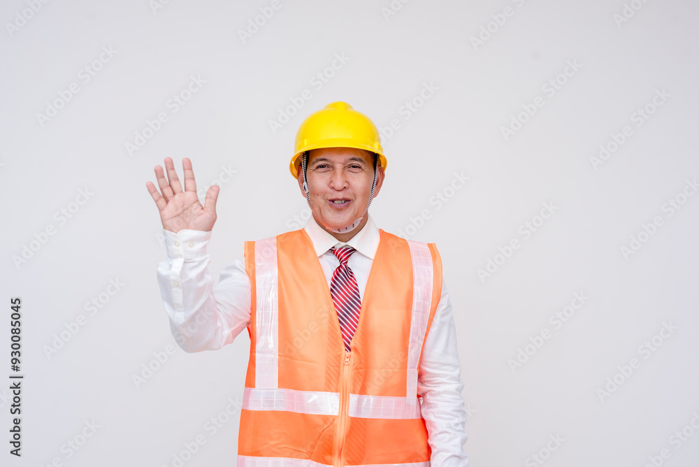A middle aged asian construction project manager, site supervisor, engineer, or architect saying hi, waving with his hand. Isolated on a white background.