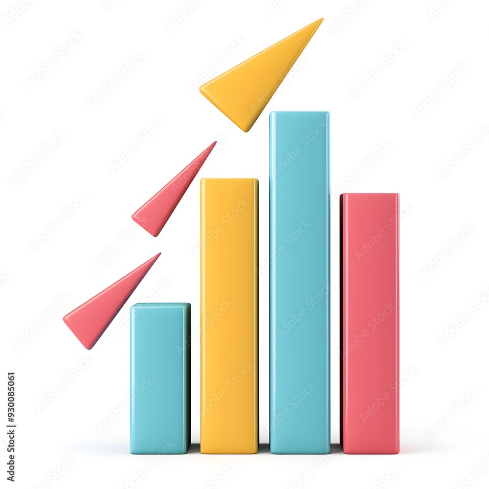 A 3D bar graph with arrows pointing upwards, increasing trend representation, 3D illustration, isolated on white background A 3D bar graph with arrows pointing upwards, increasing trend representation, 3D illustration, isolated on white background