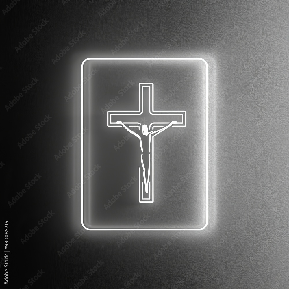 Obraz premium Glowing Neon Crucifix on Gray Wall. Modern Religious Symbol in Minimalist Style