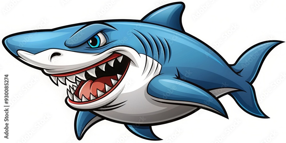 Obraz premium Shark mascot in a fierce pose with teeth showing , mascot, shark, costume, character, predator, aquatic, animal, marine