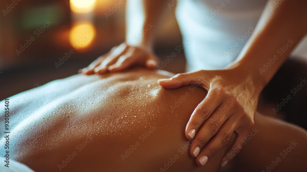 Bodywork: A woman at a spa having bodywork done. A masseuse giving him a back massage Bodywork: A woman at a spa having bodywork done. A masseuse giving him a back massage