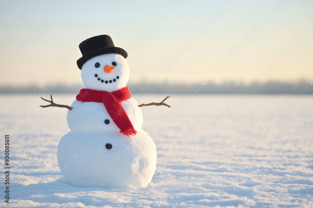 Obraz premium A snowman stands on the snowy field