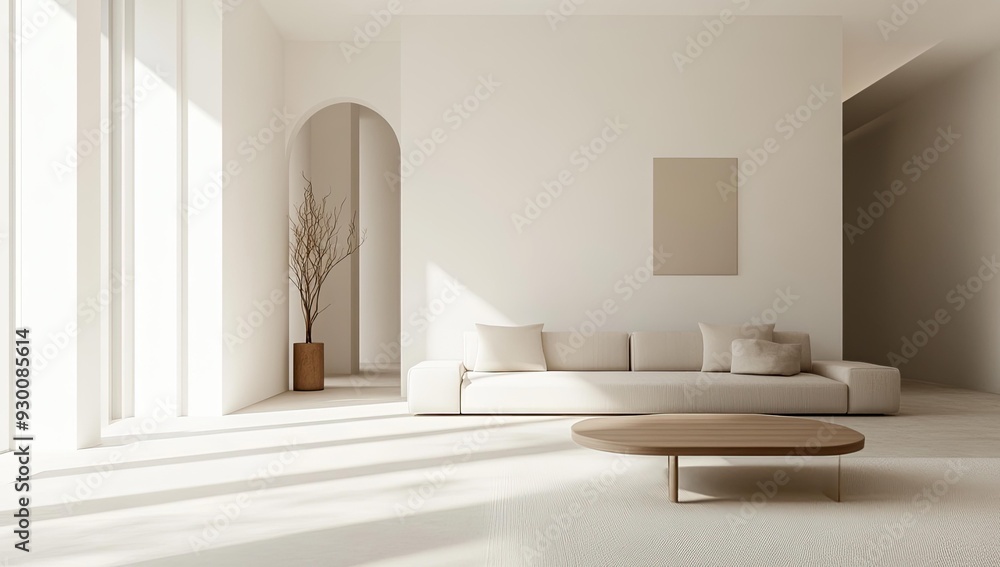 Minimalist living room with white walls, couch and coffee table. Minimalist living room with white walls, couch and coffee table.
