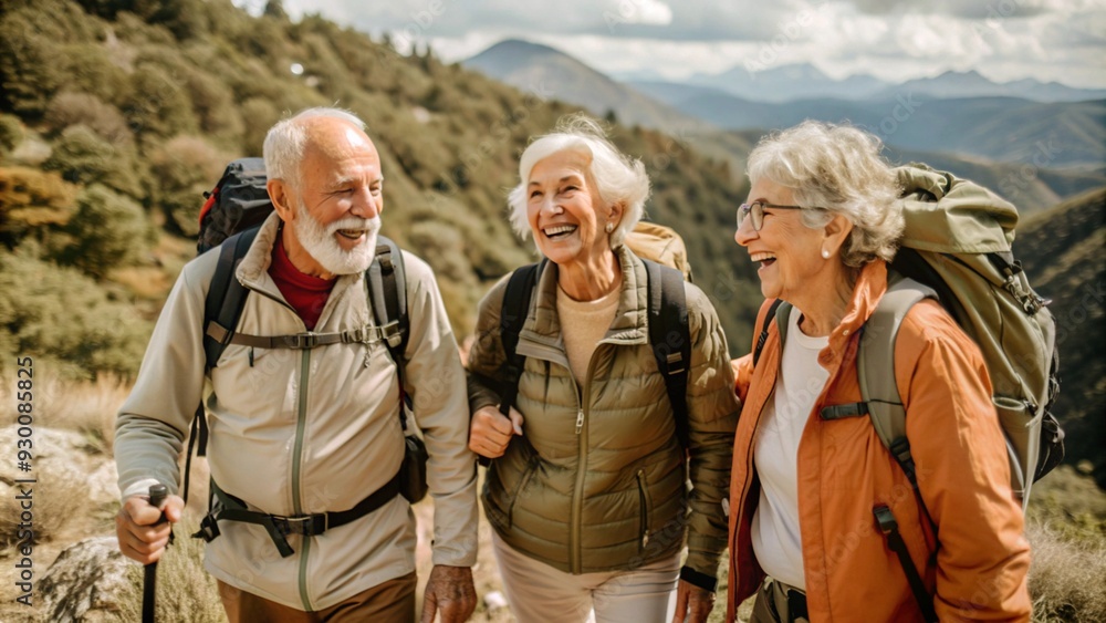 Three happy senior friends hiking together in the mountains, equipped with backpacks and outdoor gear. The image captures the spirit of adventure, active aging, and enjoying nature, highlighting the j Three happy senior friends hiking together in the mountains, equipped with backpacks and outdoor gear. The image captures the spirit of adventure, active aging, and enjoying nature, highlighting the j