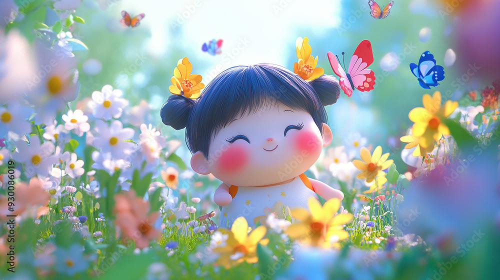 Adorable 3D cartoon of a chubby girl with red cheeks, surrounded by blooming flowers and butterflies in a bright garden Adorable 3D cartoon of a chubby girl with red cheeks, surrounded by blooming flowers and butterflies in a bright garden