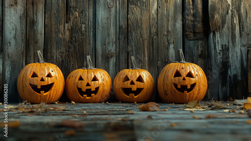 Four carved jack-o'-lanterns sitting side by side against a rustic wooden background, ready for Halloween night.