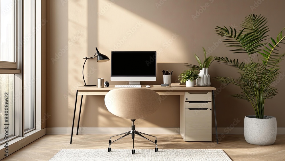 Home office with a computer, chair and plants. Home office with a computer, chair and plants.