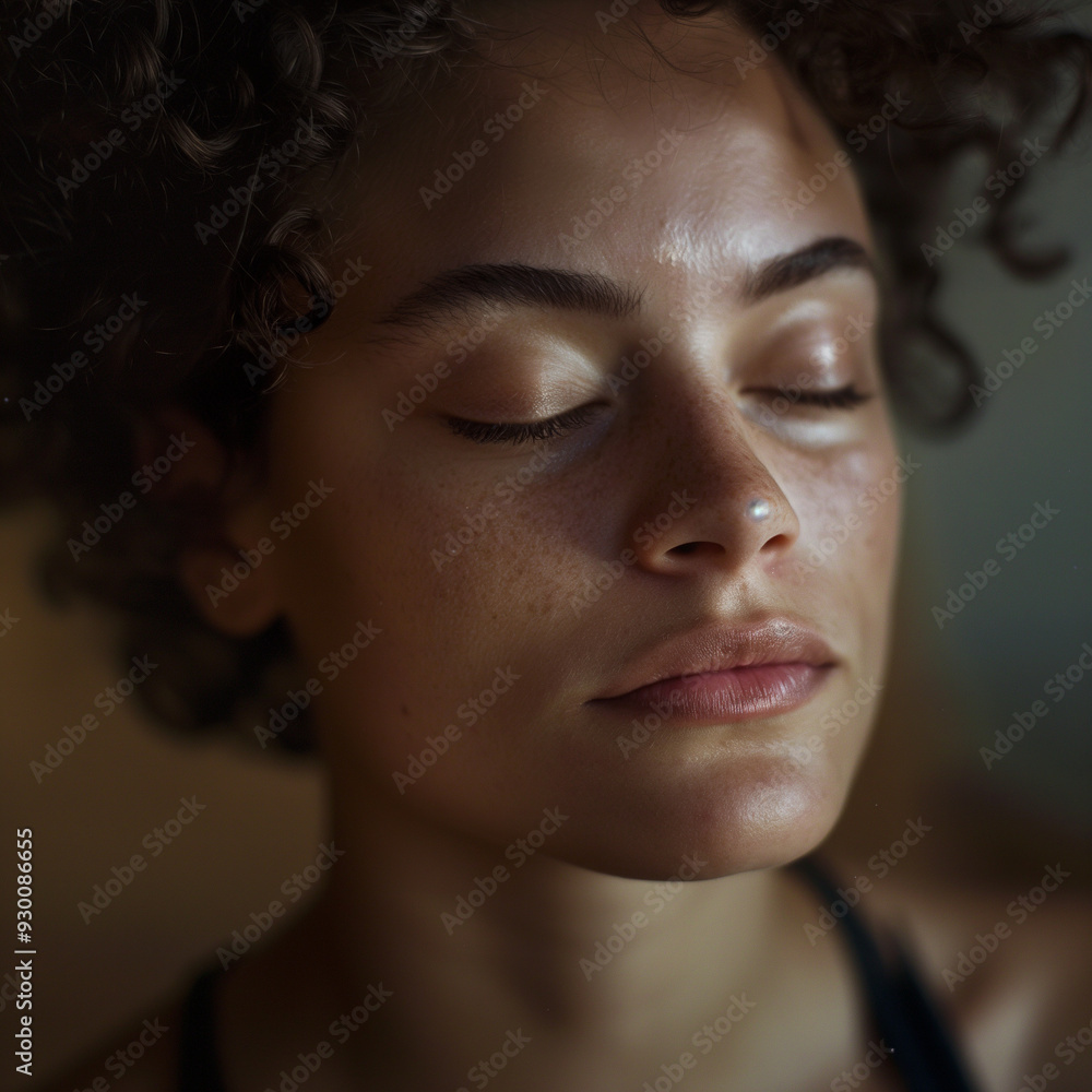 Serene Young Woman with Freckles Meditating with Eyes Closed Serene Young Woman with Freckles Meditating with Eyes Closed