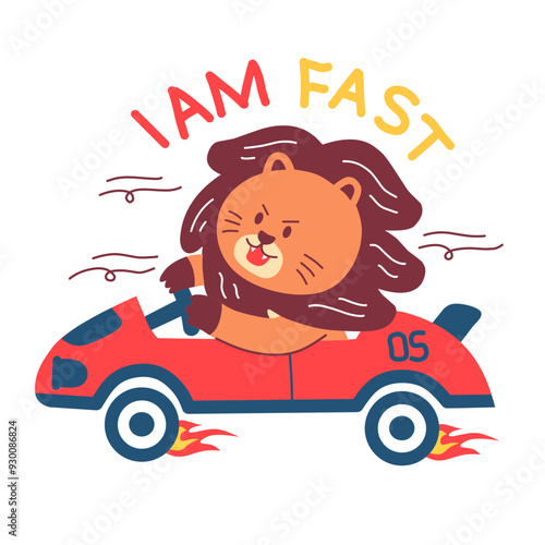 cute lion riding a racing car cartoon illustration.vector animal racing wheel fire.good for kids t-shirts,stickers and many others