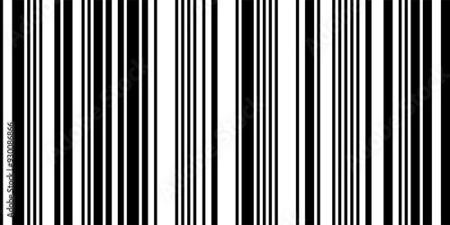 Barcode seamless pattern. Simple black and white vector bg. 2 bit image of machine coding for marking goods and reading by scanner.  Irregular thin and thick lines photo