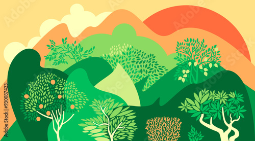 Apple and lemon orchard. Hilly landscape with fruit trees. Vector illustration.