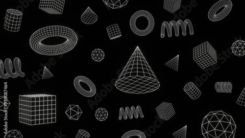 Set of y2k retro futuristic cyber wireframe grid white shapes on black background isolated. Back to school template objects - cube, triangle, sphere, globe, torus, spiral Geometry concept illustration