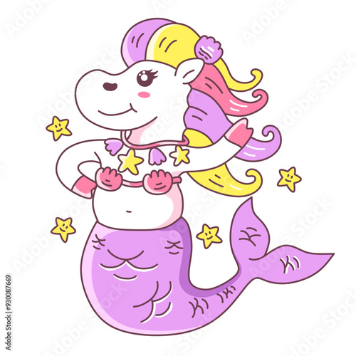 graceful, beautiful, cute mermaid unicorn cartoon illustration. The concept of fantasy animals in children's dreams. Good for children's t-shirts, stickers and others