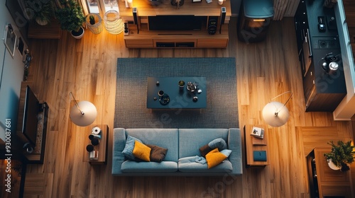 A cozy, modern living room and kitchen interior with warm lighting, comfortable furniture, and a neat, inviting layout viewed from a top-down perspective.
