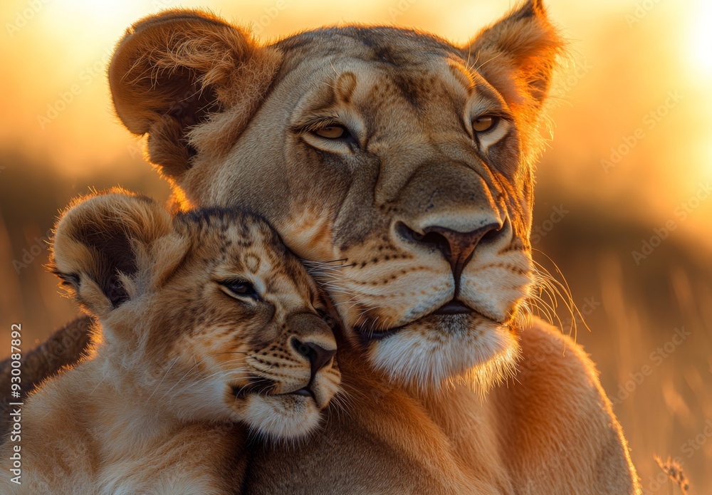 A lioness gently nuzzling her cub in the golden light of the savannah A lioness gently nuzzling her cub in the golden light of the savannah