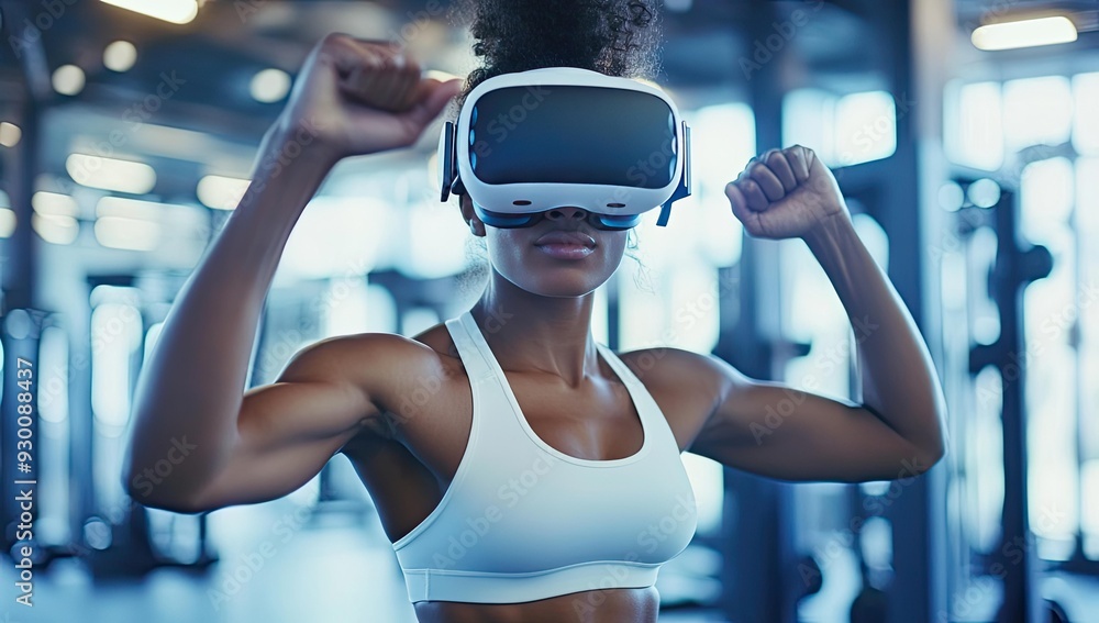 Woman in VR headset exercises in gym. Woman in VR headset exercises in gym.