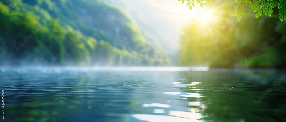 A photo of a body of water surrounded by trees on each side Sun shines through trees beyond the water A photo of a body of water surrounded by trees on each side Sun shines through trees beyond the water