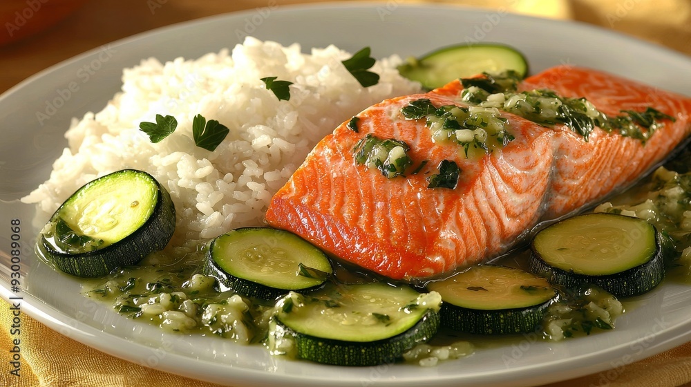Grilled Salmon with Rice and Zucchini in Herb Sauce. Tasty and Healthy Meal Grilled Salmon with Rice and Zucchini in Herb Sauce. Tasty and Healthy Meal