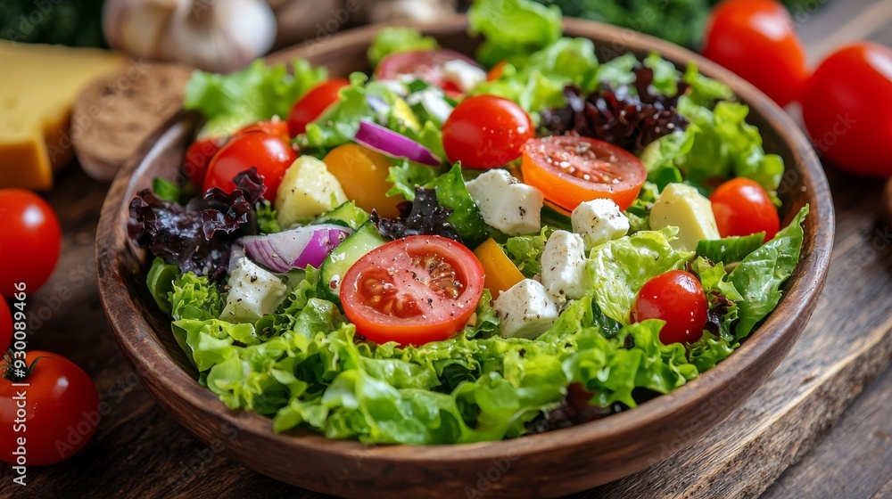 Fresh Mixed Vegetable Salad with Tomatoes, Lettuce, Onions, and Cheese in a Wooden Bowl Fresh Mixed Vegetable Salad with Tomatoes, Lettuce, Onions, and Cheese in a Wooden Bowl