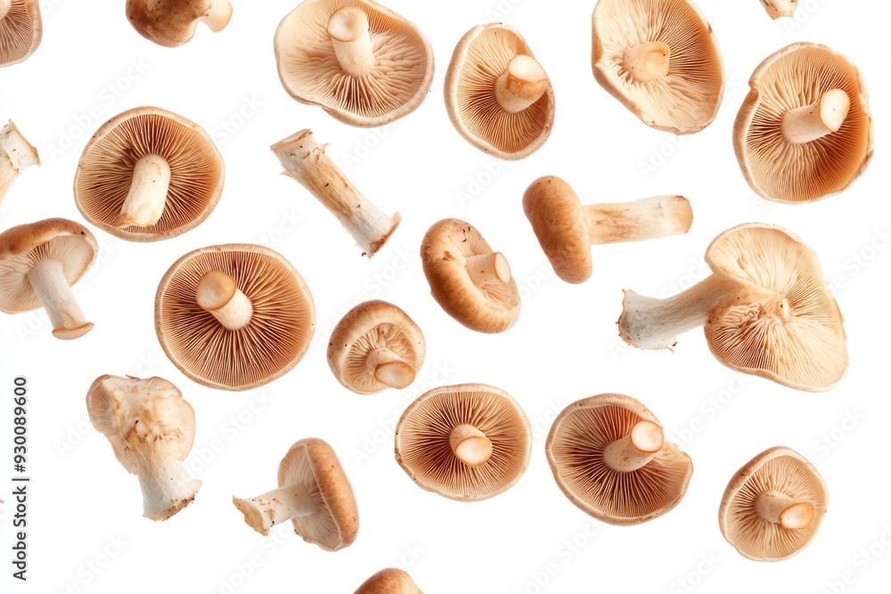 A collection of mushrooms scattered on a clean white background. These edible fungi showcase various shapes and textures. Perfect for food photography and cooking. Generative AI A collection of mushrooms scattered on a clean white background. These edible fungi showcase various shapes and textures. Perfect for food photography and cooking. Generative AI