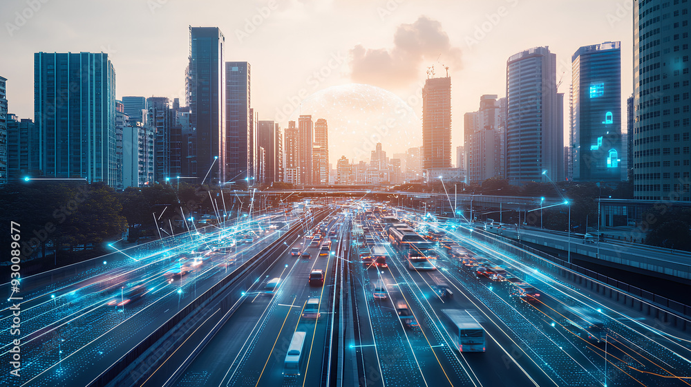 Fototapeta premium Smart City Skyline: Connected Cars Navigate the Urban Network