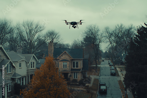 A drone flies above a residential house , capturing aerial footage of the property, emphasizing modern technology and surveillance. 