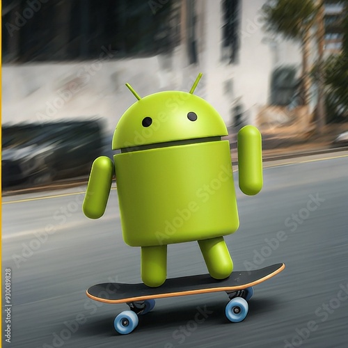 Android Mascot Riding a Skateboard Through the City