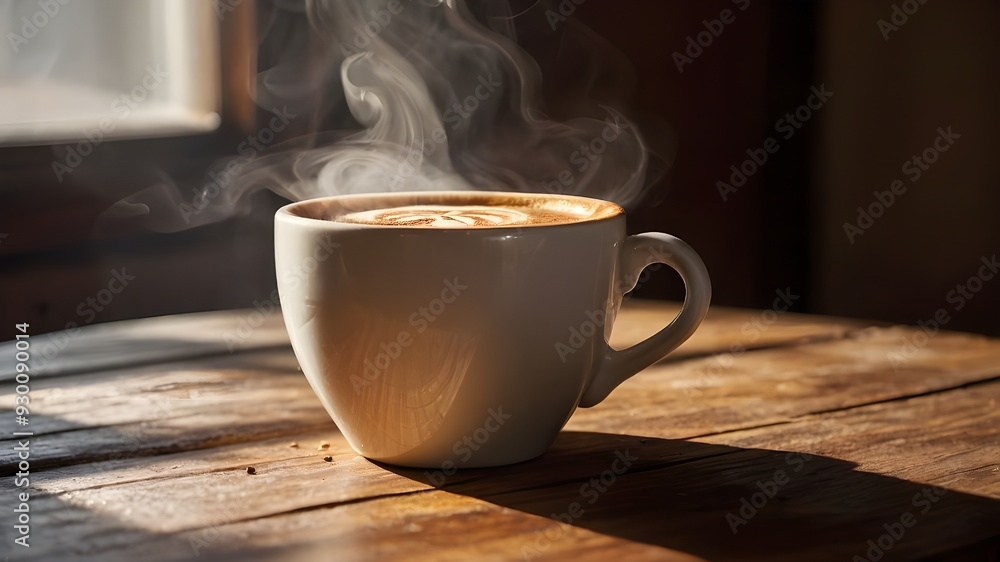 A steaming cup of coffee, with swirls of cream and a sprinkle of cinnamon, sits on a rustic wooden table. The sunlight filters through the window, casting a warm glow on the cup and creating a beautif A steaming cup of coffee, with swirls of cream and a sprinkle of cinnamon, sits on a rustic wooden table. The sunlight filters through the window, casting a warm glow on the cup and creating a beautif