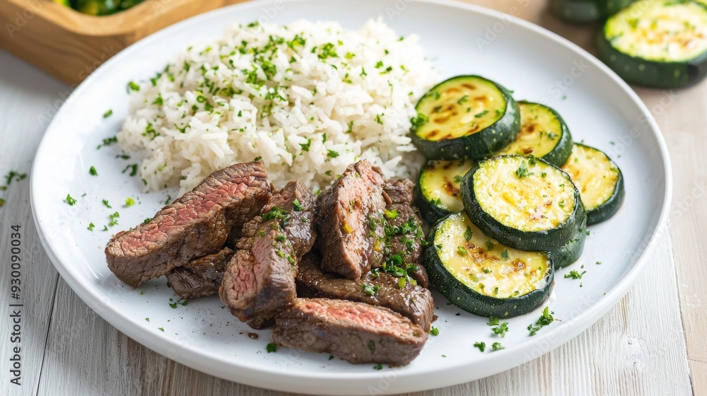 Grilled Steak with Rice and Sauteed Zucchini on a White Plate Grilled Steak with Rice and Sauteed Zucchini on a White Plate