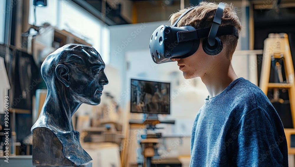 Young man in VR headset looking at sculpture. Young man in VR headset looking at sculpture.