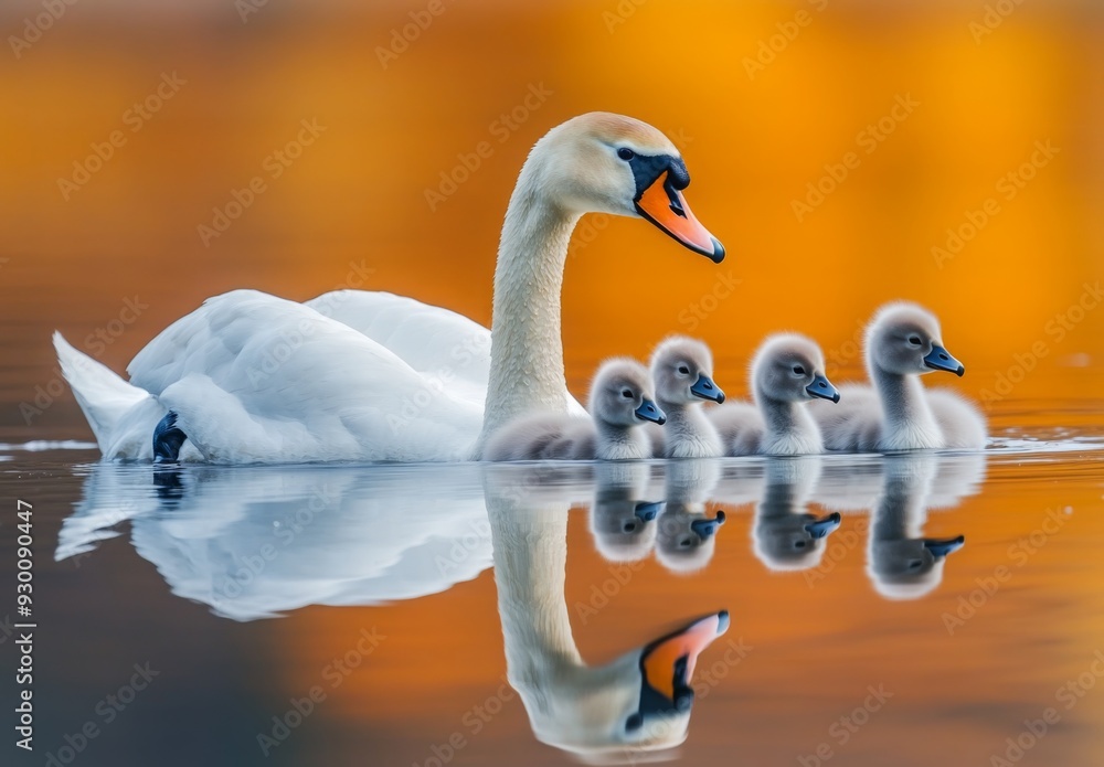 Fototapeta premium A serene image of a swan swimming with her cygnets, with their reflections mirrored in calm water