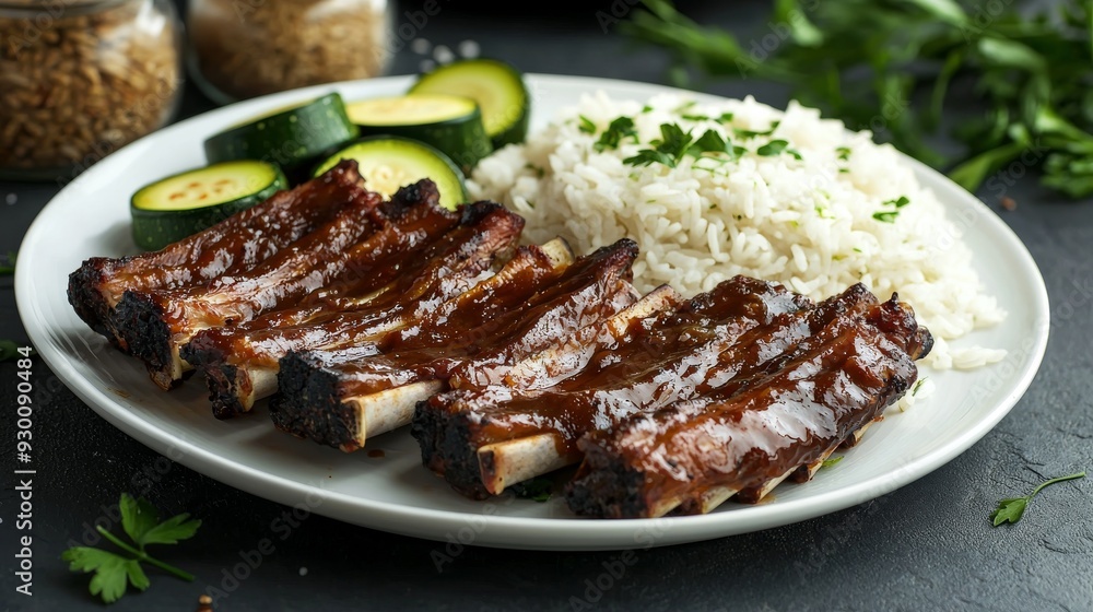 BBQ Pork Ribs with Rice and Zucchini. Delicious Meal BBQ Pork Ribs with Rice and Zucchini. Delicious Meal