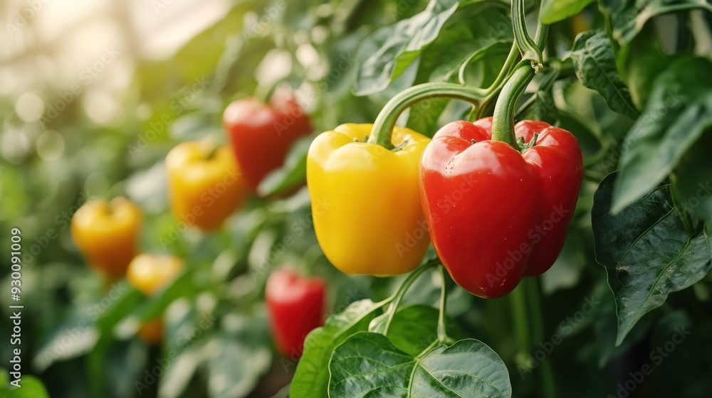 Organic sweet peppers ripening on the vine in a greenhouse, their bright colors and sweet flavor enhanced by cutting-edge farming techniques. Organic sweet peppers ripening on the vine in a greenhouse, their bright colors and sweet flavor enhanced by cutting-edge farming techniques.
