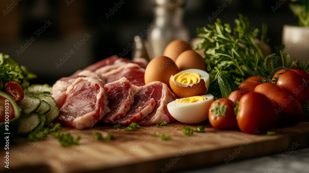Fresh Ingredients for Healthy Cooking. Raw Meat, Vegetables, and Boiled Eggs on Wooden Cutting Board Fresh Ingredients for Healthy Cooking. Raw Meat, Vegetables, and Boiled Eggs on Wooden Cutting Board