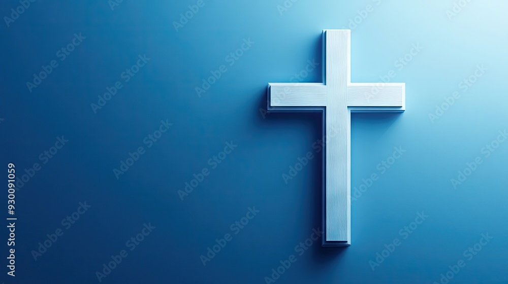 Minimalistic cross symbol on a gradient blue background with generous copy space. Minimalistic cross symbol on a gradient blue background with generous copy space.