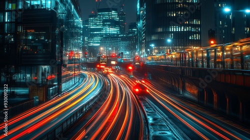 Vibrant Light Trails Illuminating the Night. Urban cityscape long exposure photography concept