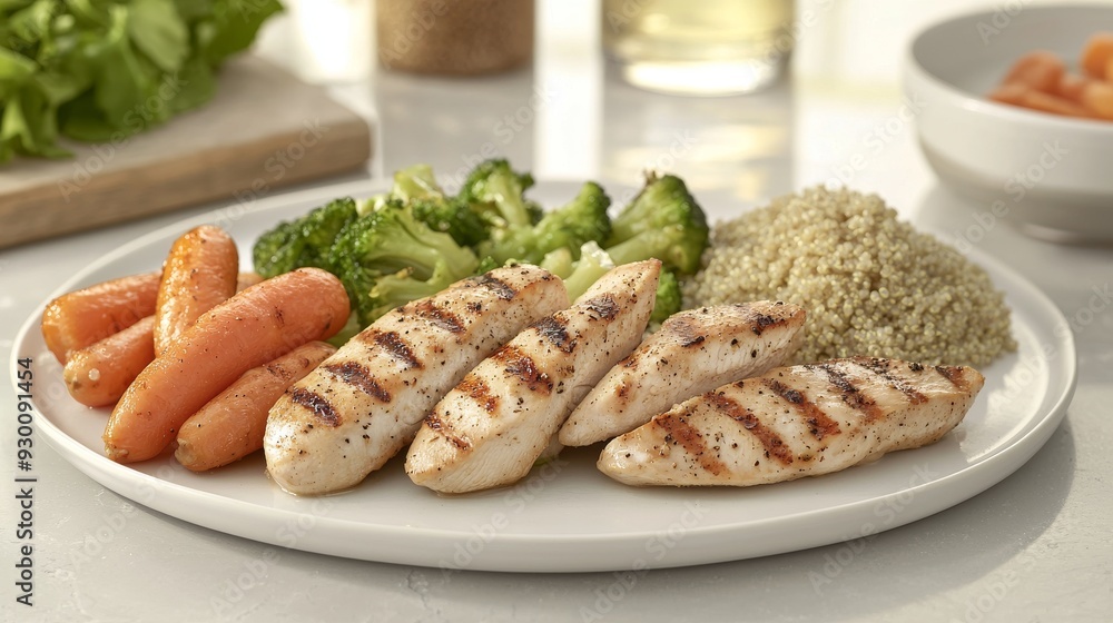 Healthy Grilled Chicken Breast with Steamed Vegetables and Quinoa on a White Plate Healthy Grilled Chicken Breast with Steamed Vegetables and Quinoa on a White Plate
