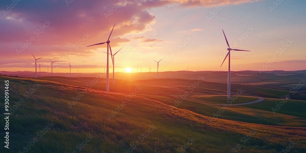 Obraz premium Serene Sunset Scenery with Wind Turbines