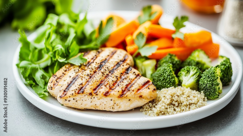 Healthy Grilled Chicken with Vegetables and Quinoa on White Plate. Fresh and Nutritious Meal Healthy Grilled Chicken with Vegetables and Quinoa on White Plate. Fresh and Nutritious Meal