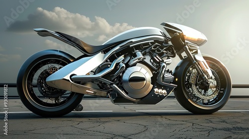 Futuristic chrome motorcycle parked on asphalt. photo