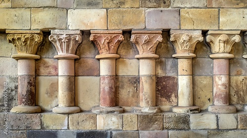 Five Ornate Stone Columns Against a Brick Wall